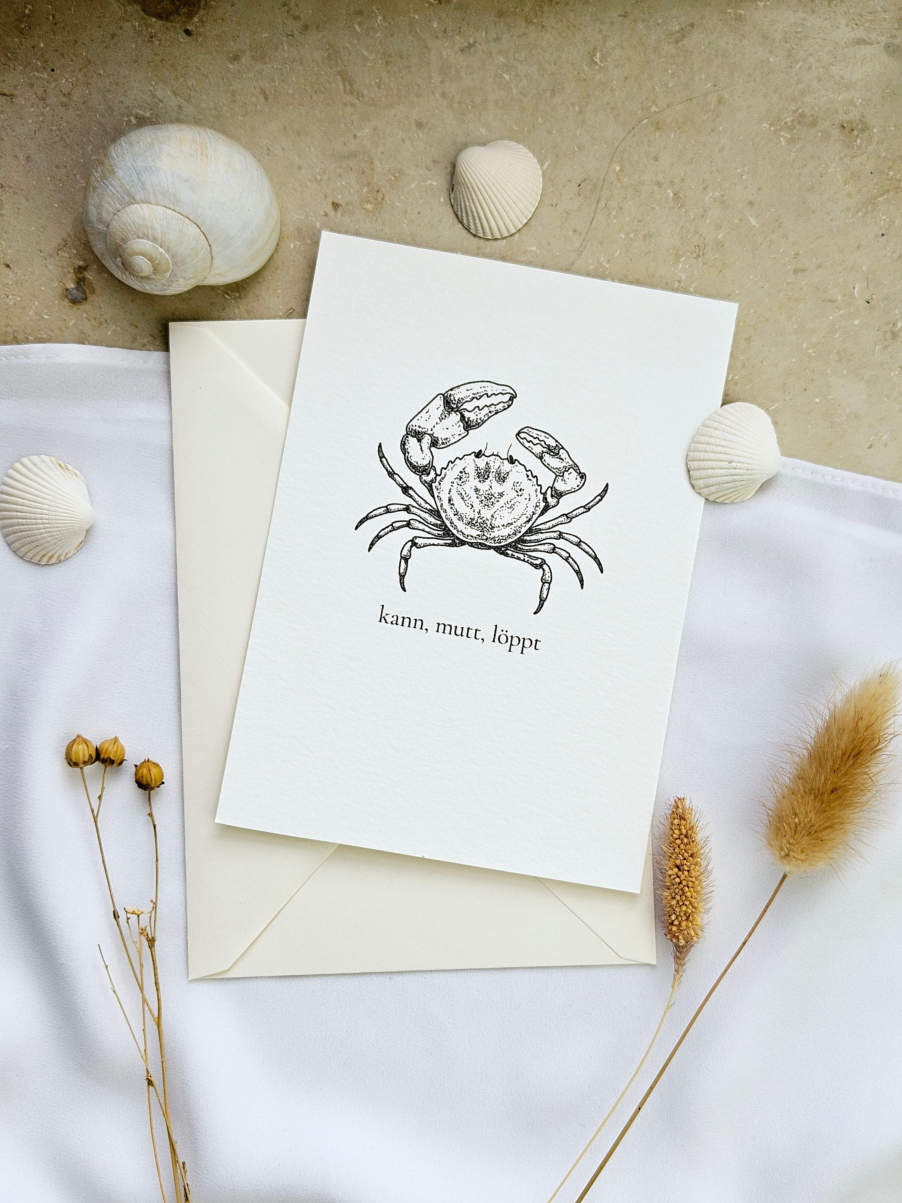 Plattdeutsche Grußkarte Krabbe "kann, mutt, löppt"