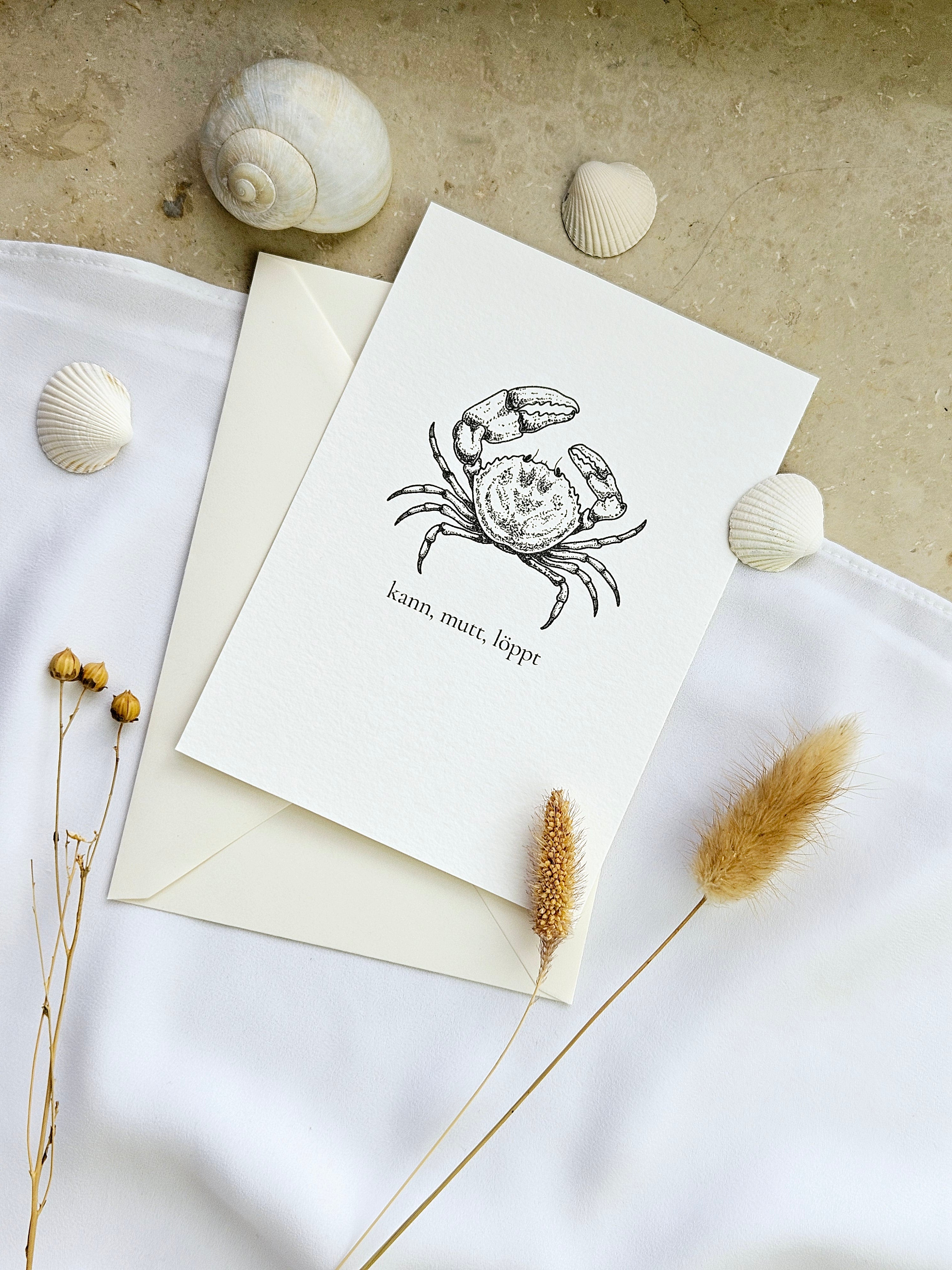 Plattdeutsche Grußkarte Krabbe "kann, mutt, löppt"