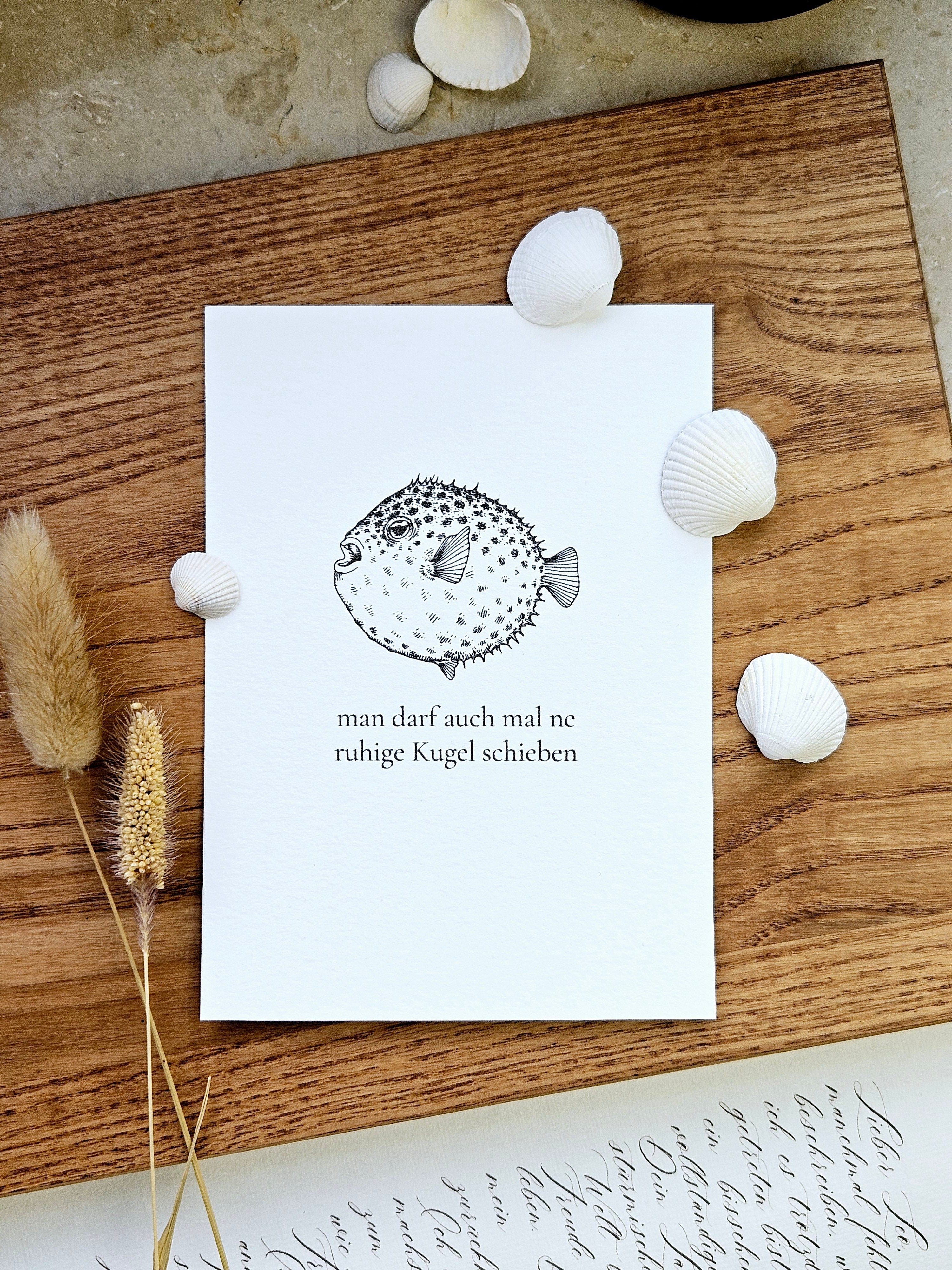 Norddeutsche Grußkarte Kugelfisch Gelassenheit