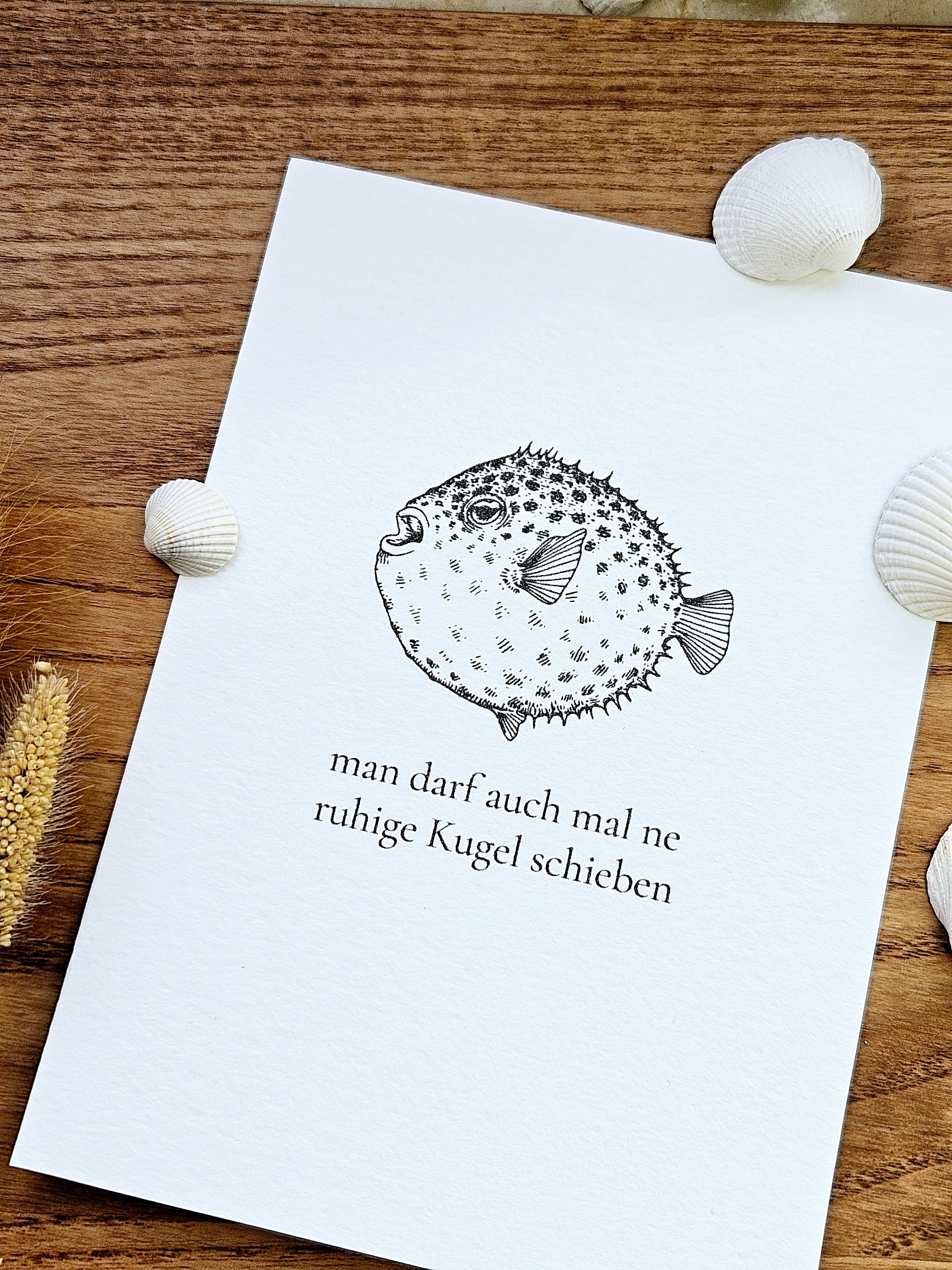 Norddeutsche Grußkarte Kugelfisch Gelassenheit