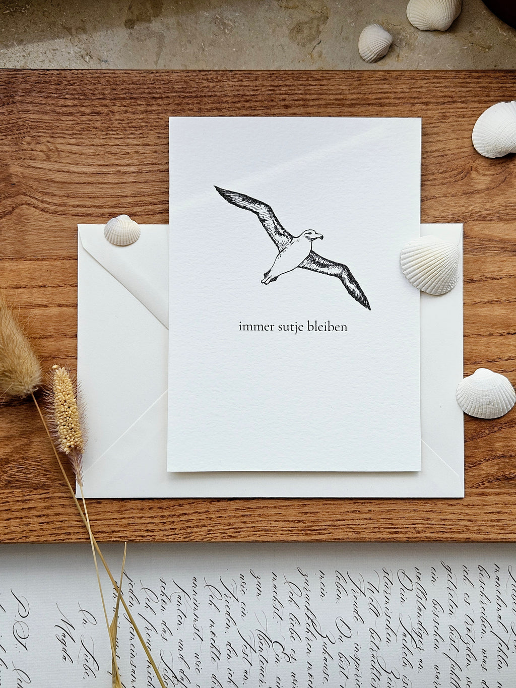 Plattdeutsche Grußkarte Möwe "Immer sutje bleiben"