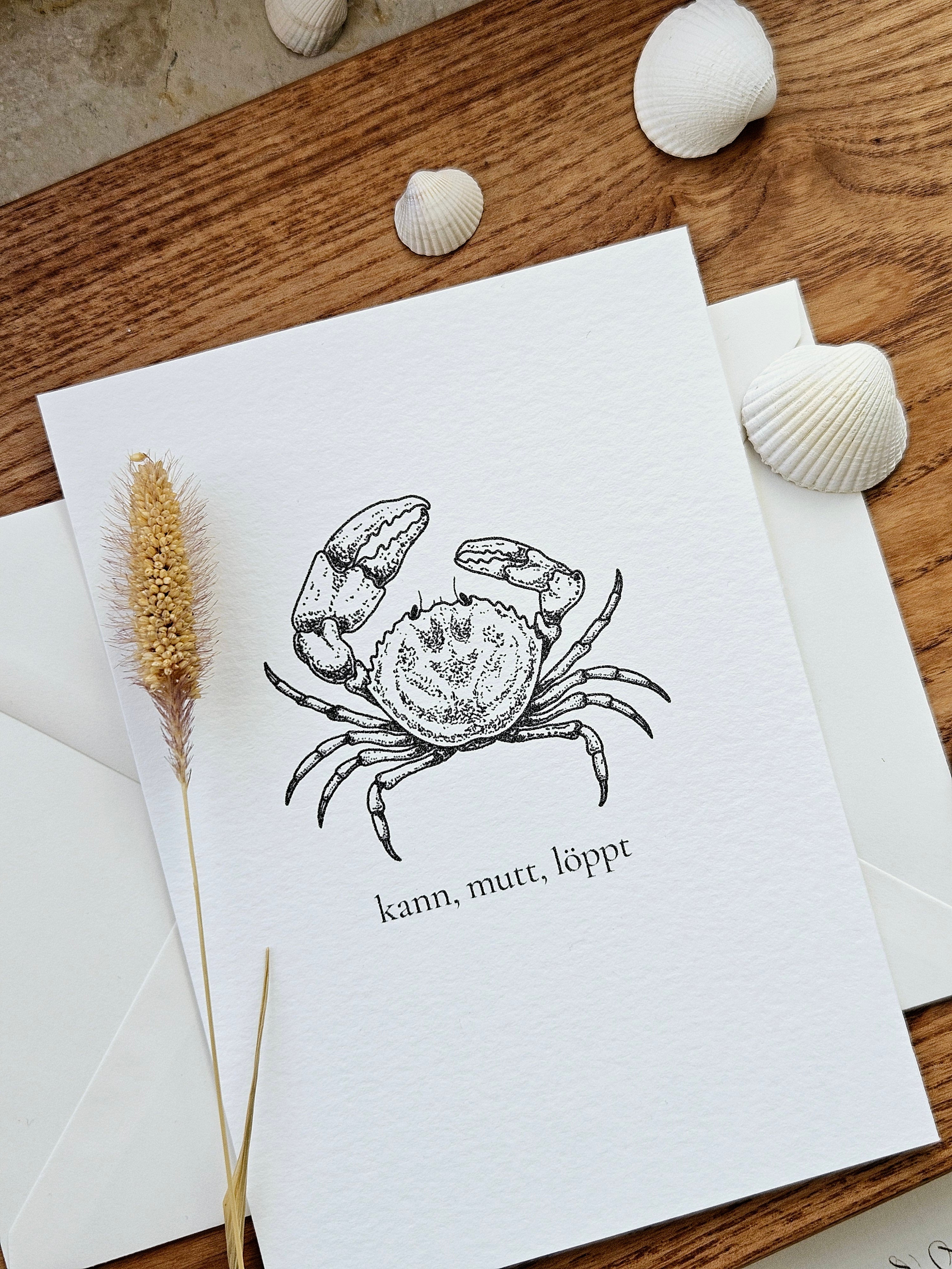 Plattdeutsche Grußkarte Krabbe "kann, mutt, löppt"