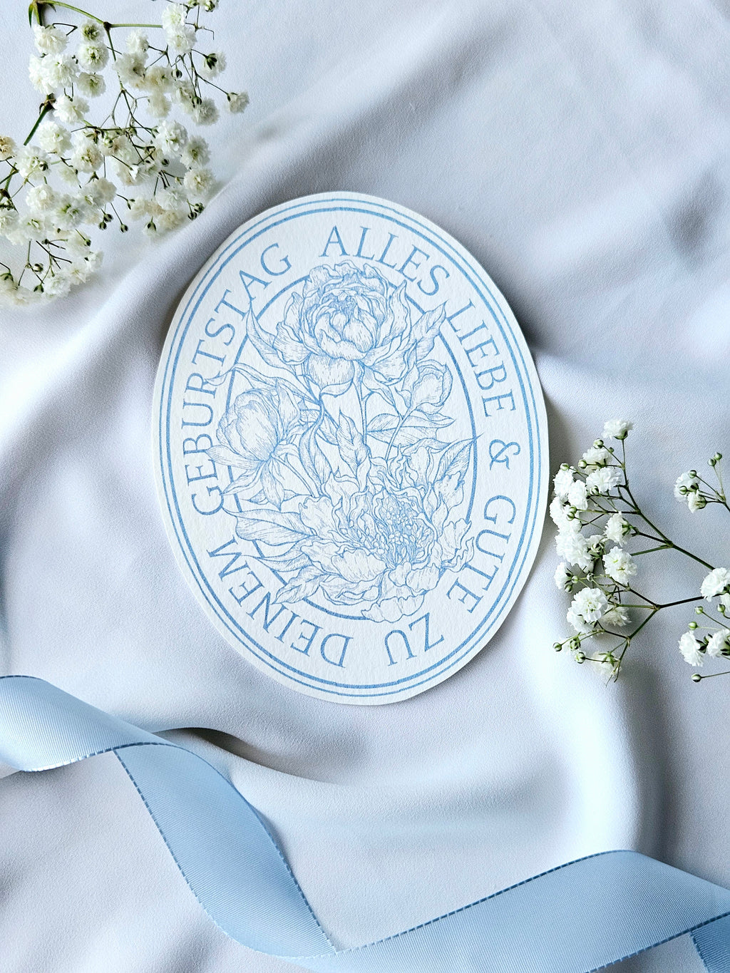 Ovale Geburtstagskarte Pfingstrosen Hellblau