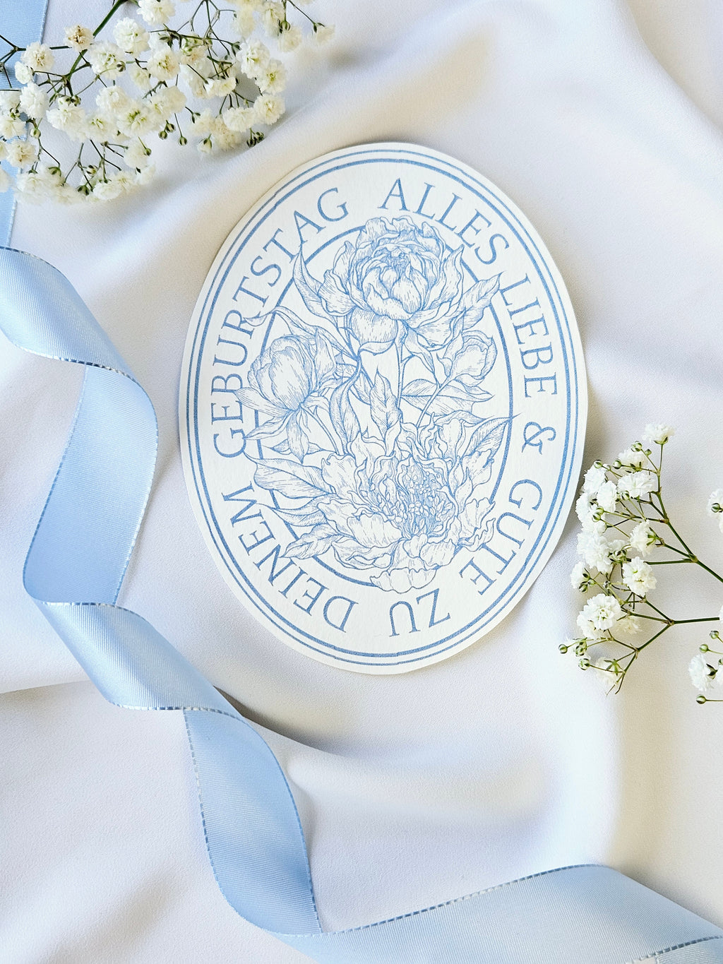 Ovale Geburtstagskarte Pfingstrosen Hellblau