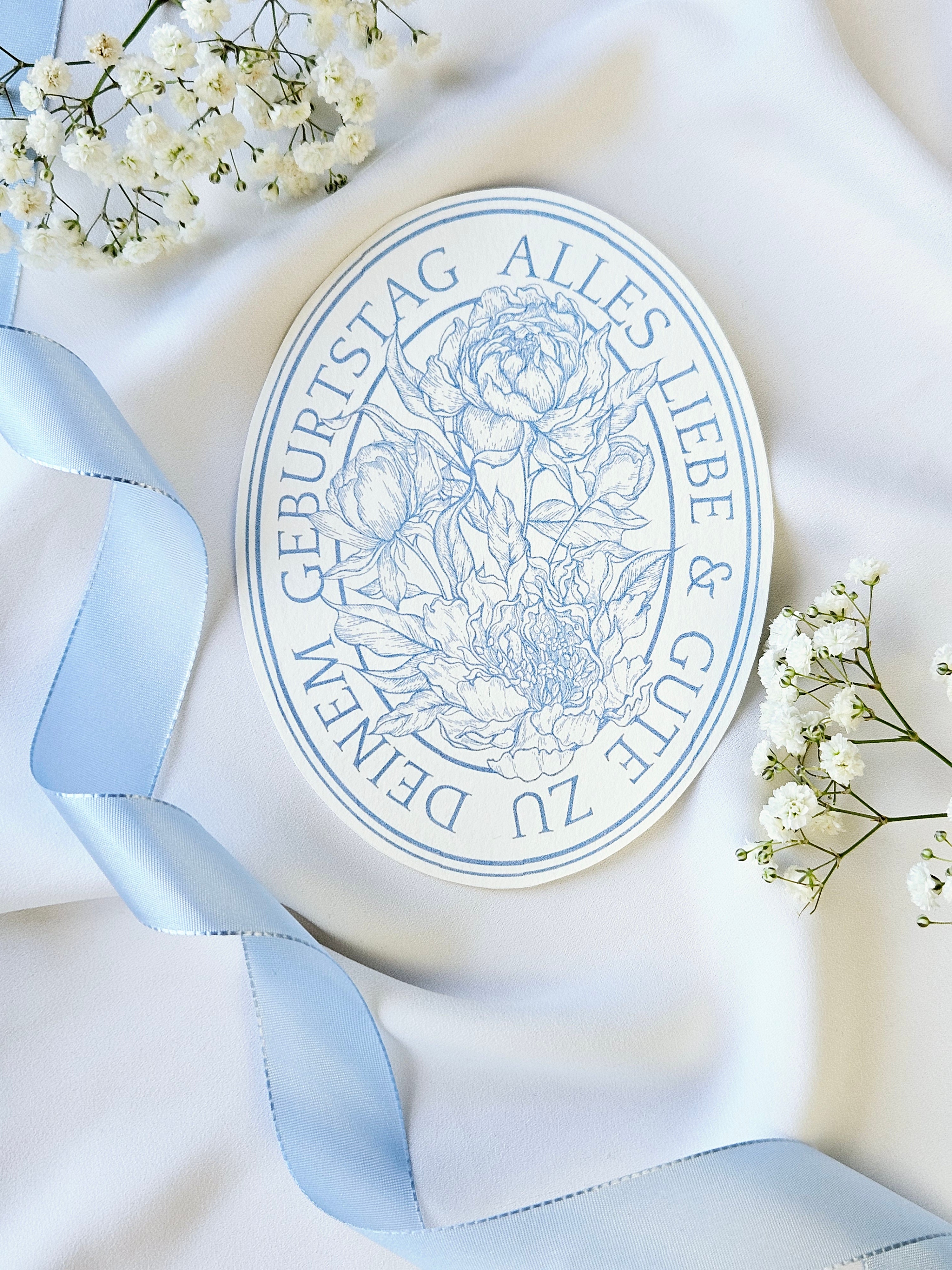 Ovale Geburtstagskarte Pfingstrosen Hellblau