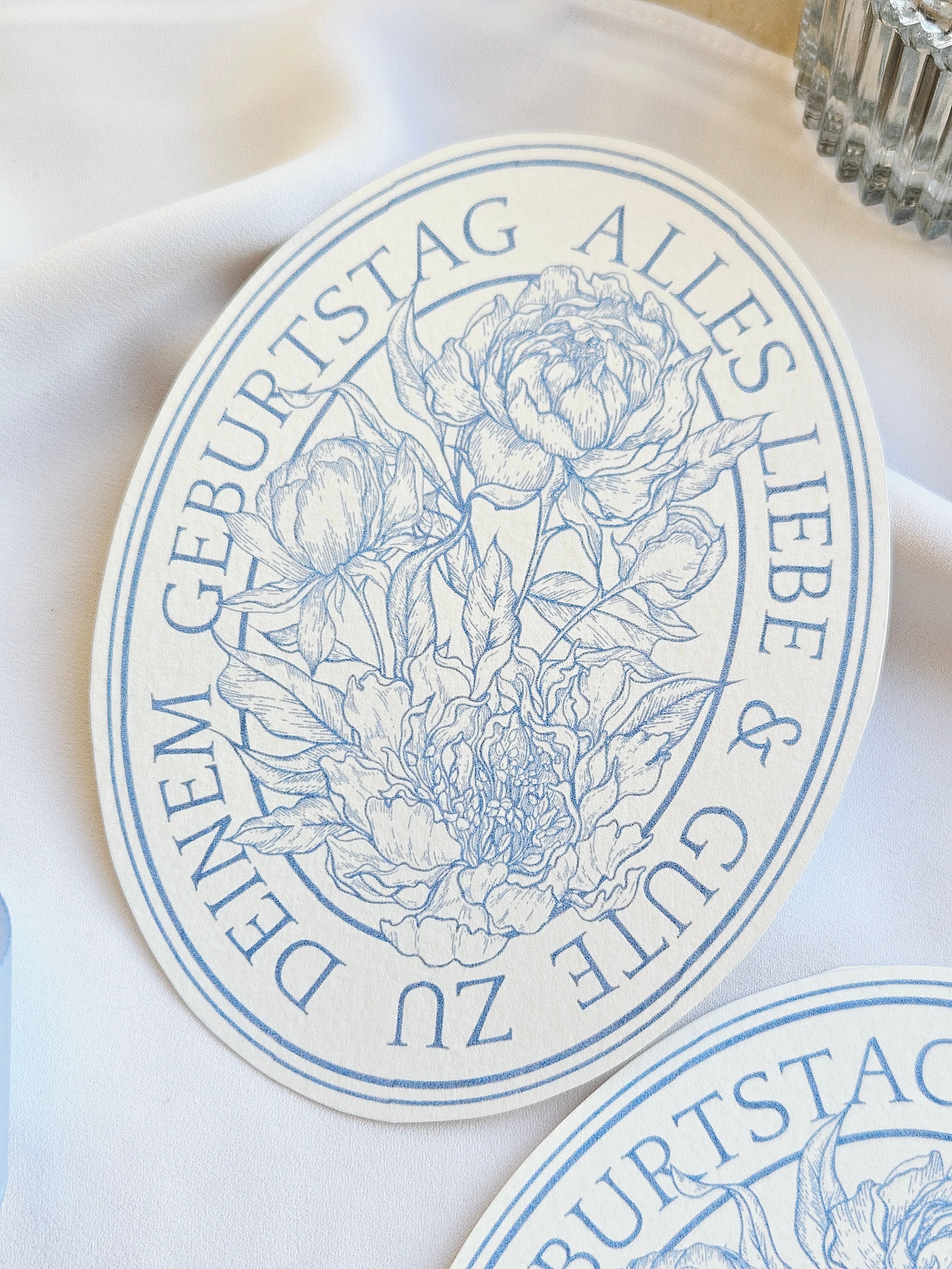 Ovale Geburtstagskarte Pfingstrosen Hellblau