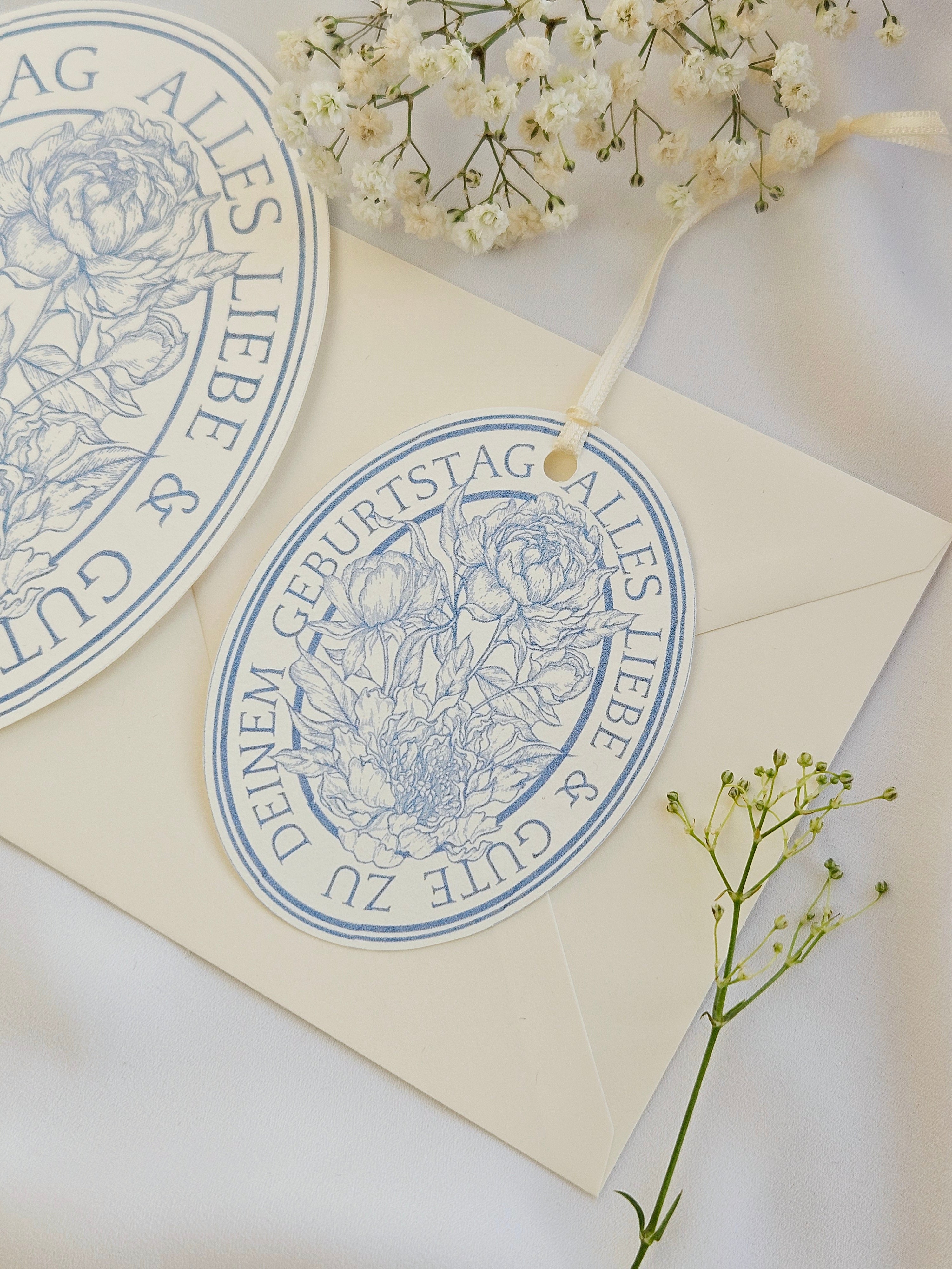 Ovale Geburtstagskarte Pfingstrosen Hellblau