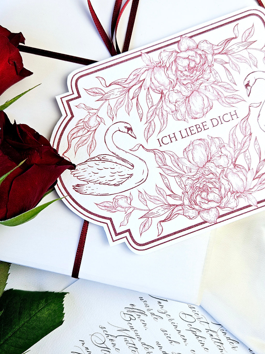 Romantische Vintage Karte Rosen & Schwäne