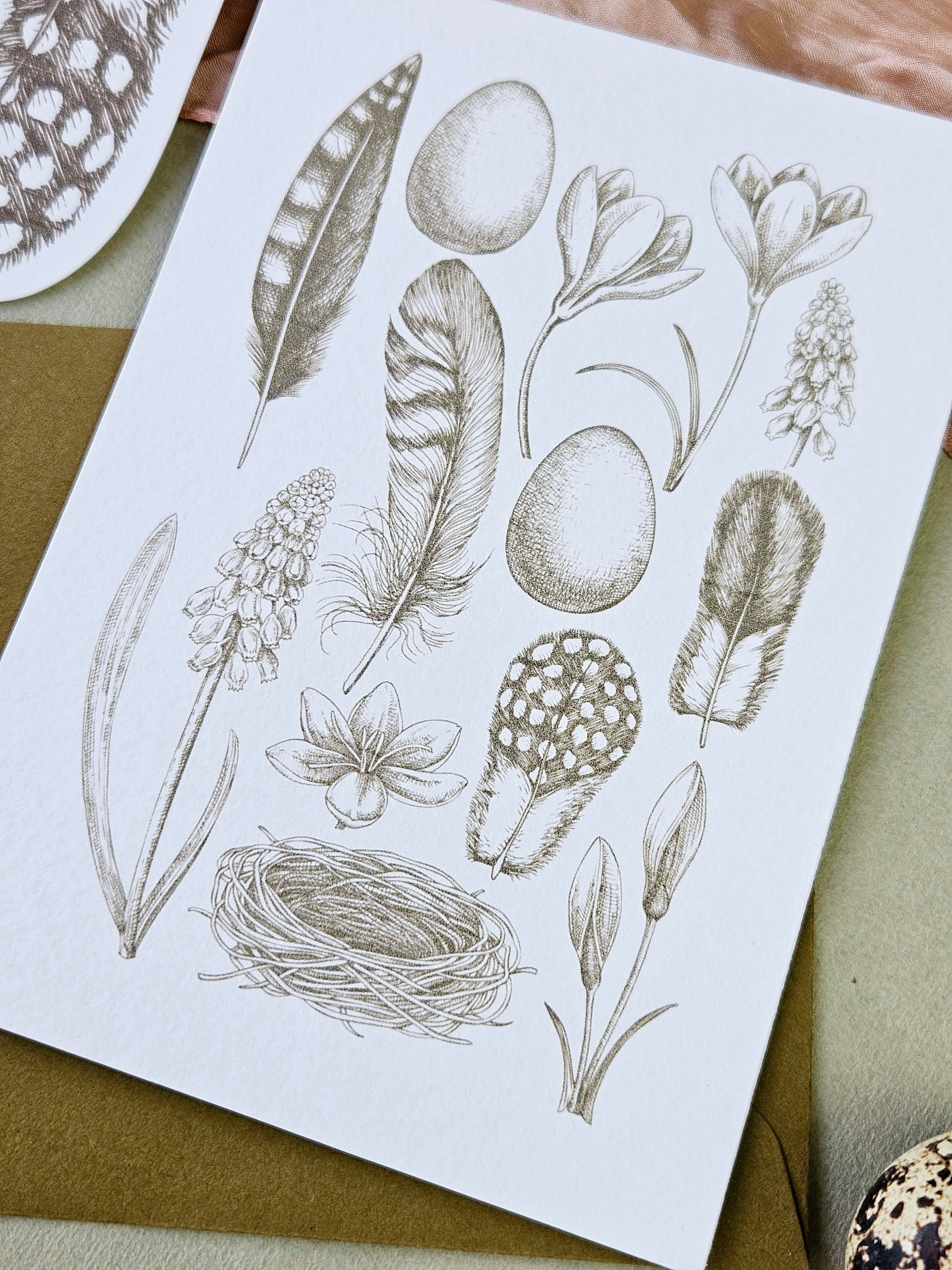 Osterkarte mit Frühlingsblumen olivgrün