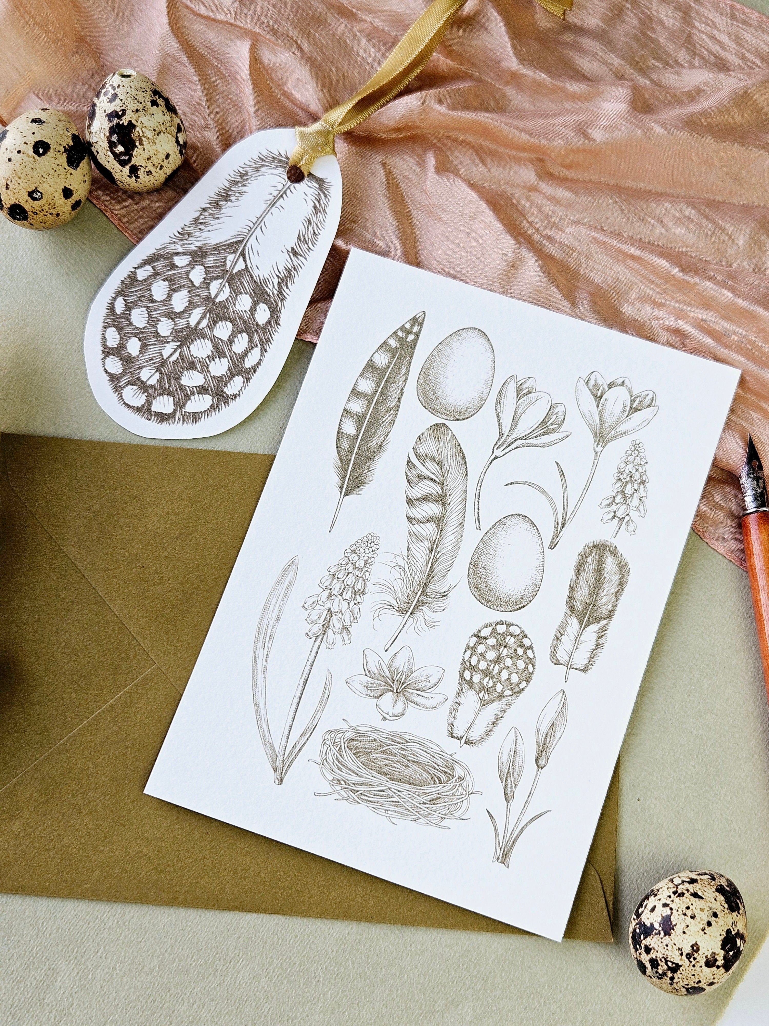 Osterkarte mit Frühlingsblumen olivgrün