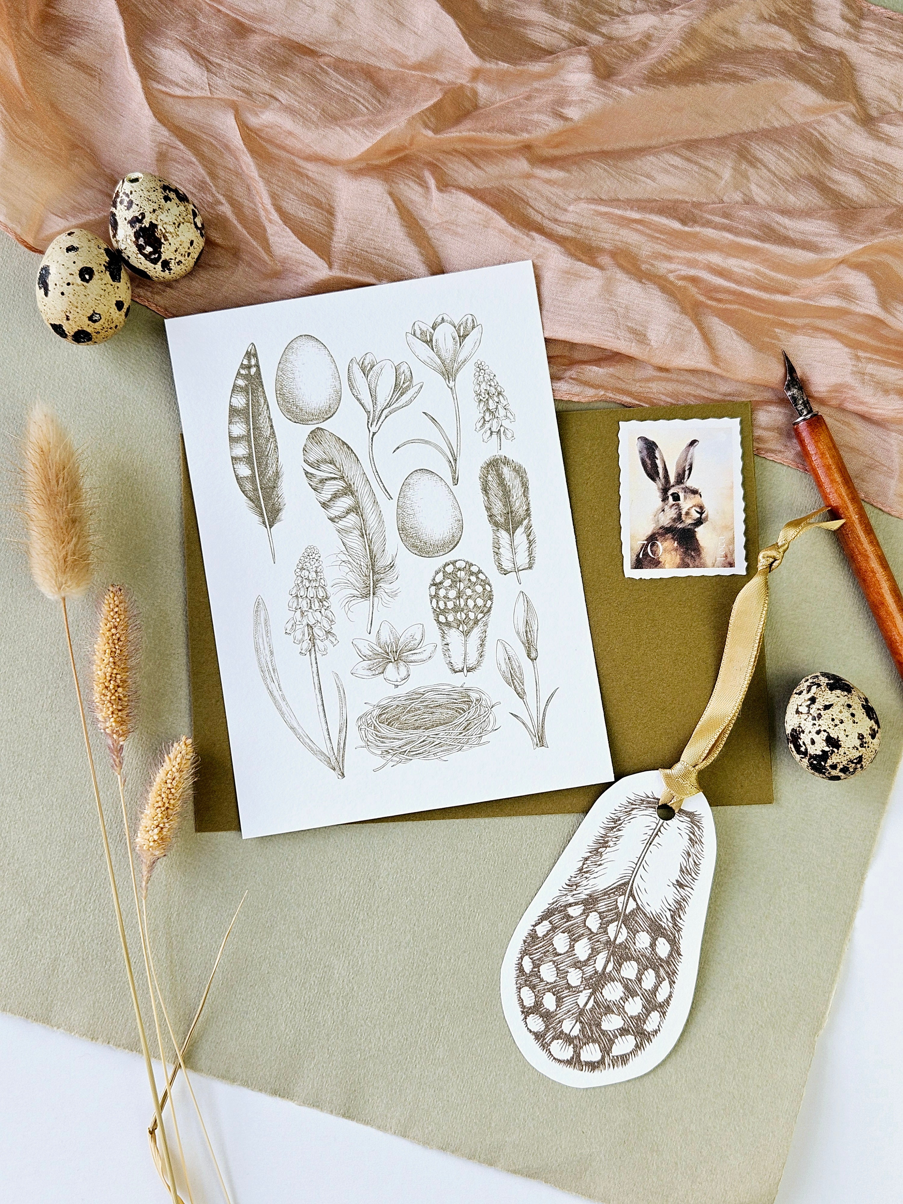 Osterkarte mit Frühlingsblumen olivgrün