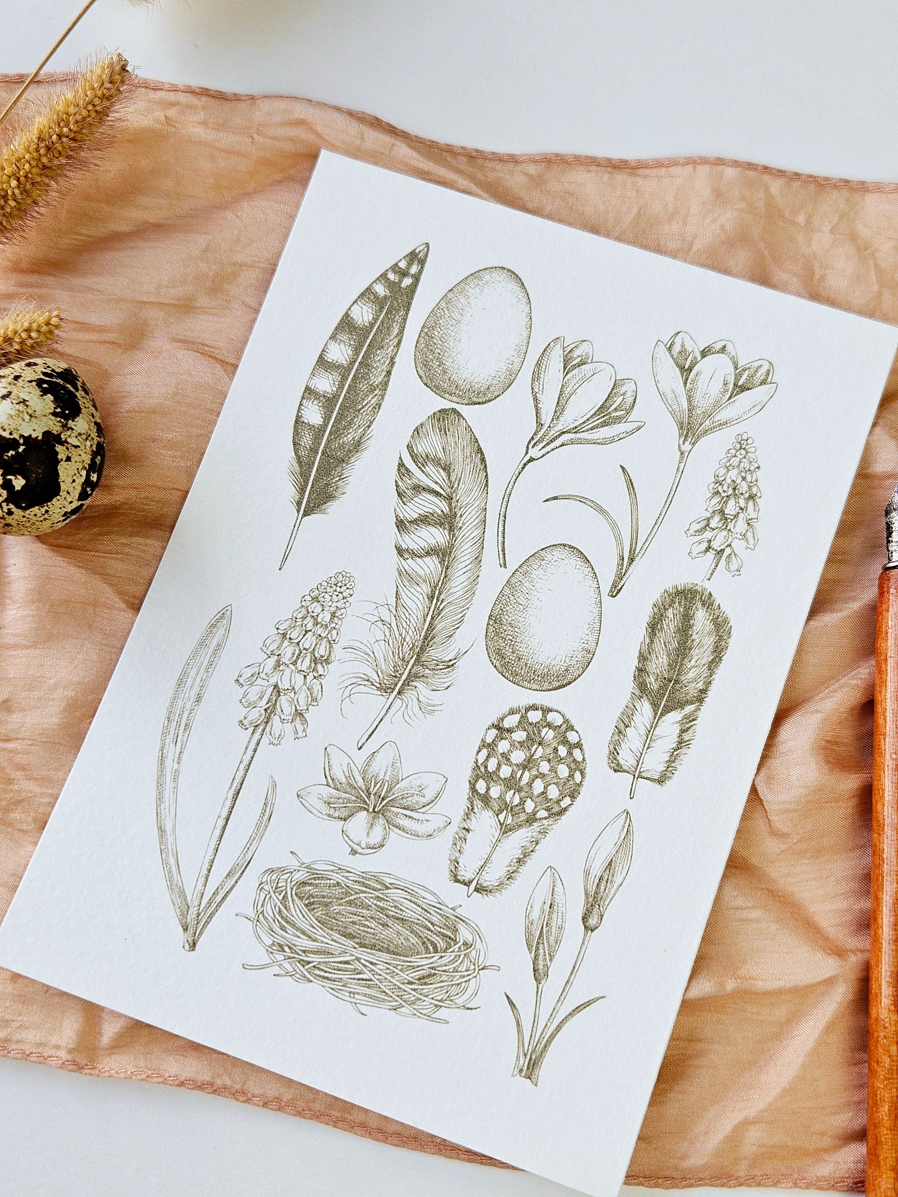 Osterkarte mit Frühlingsblumen olivgrün