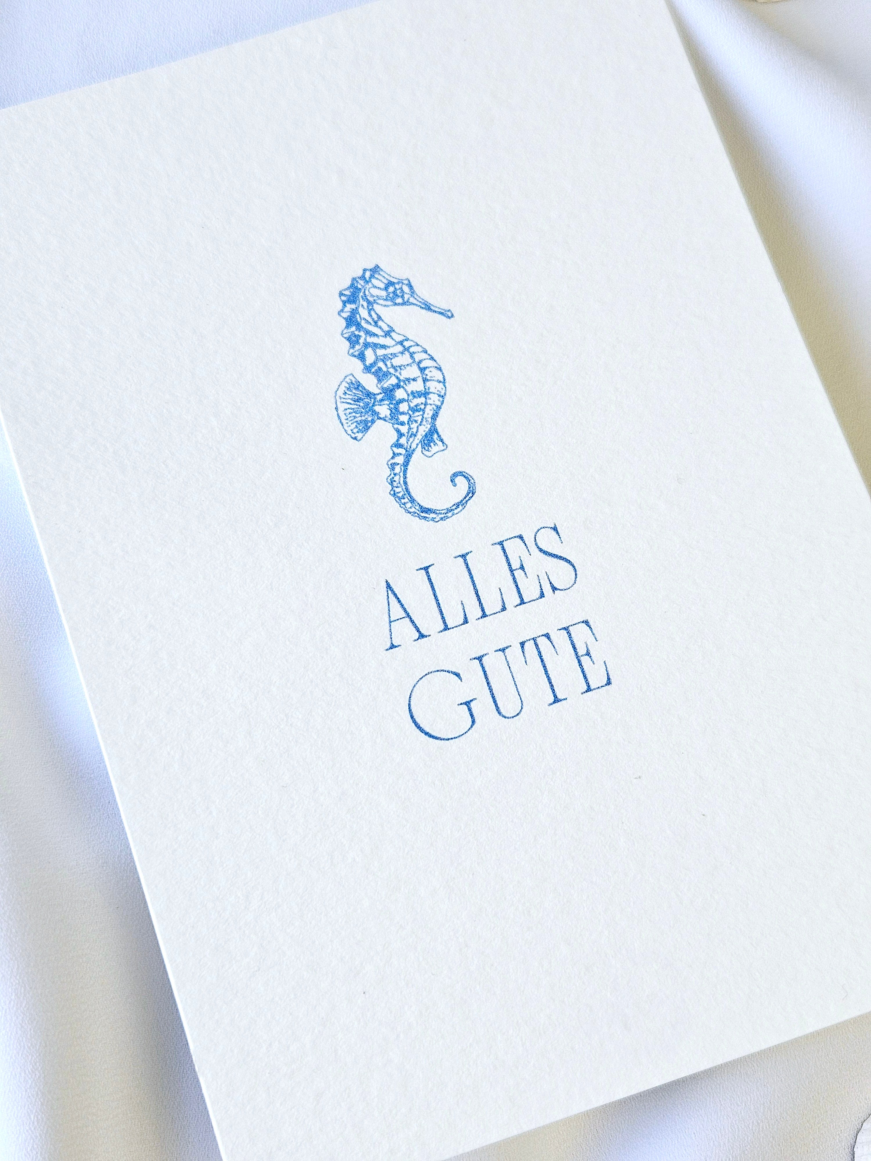 Geburtstagskarte "Alles Gute" mit Seepferdchen Illustration