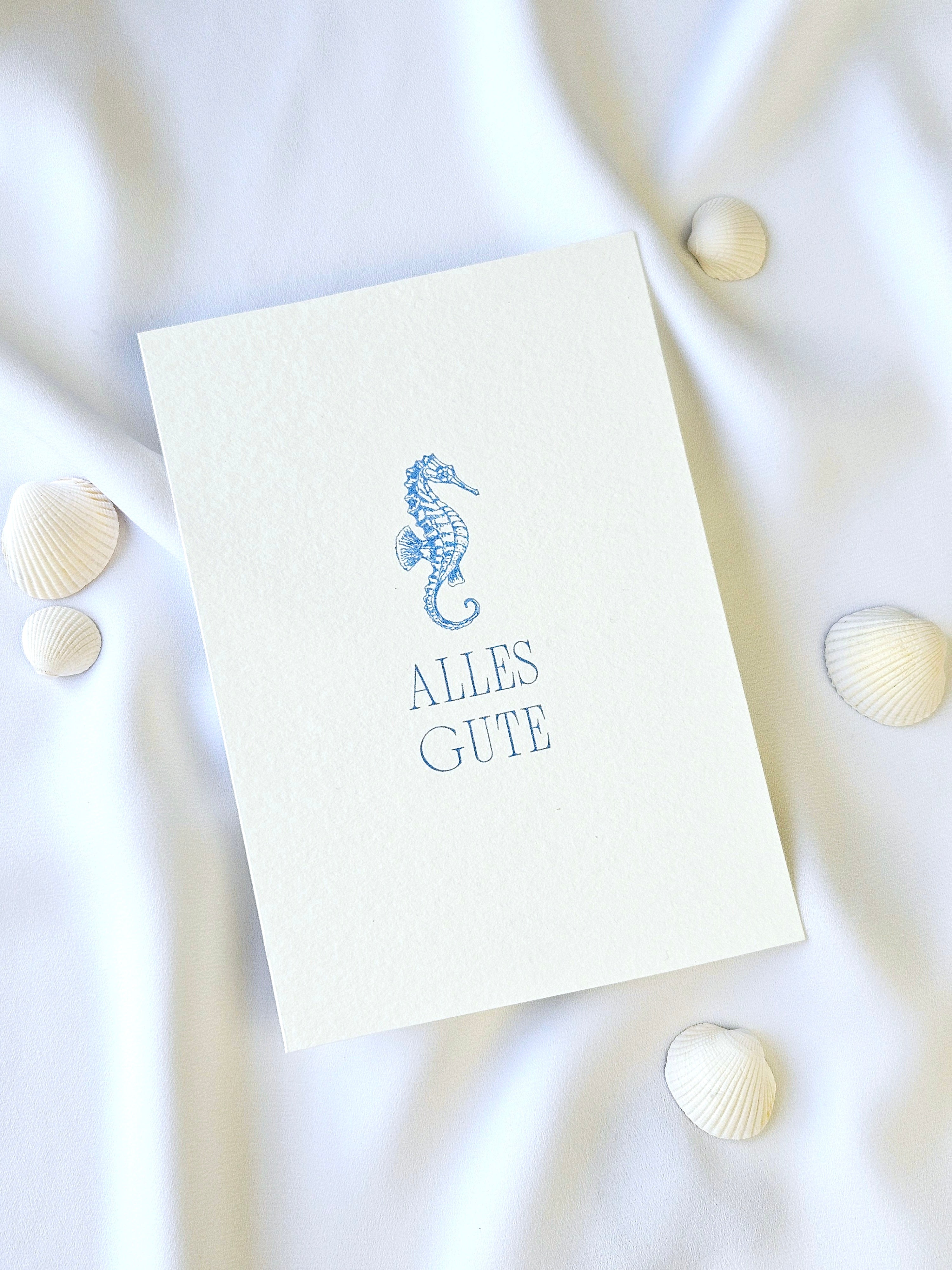 Geburtstagskarte "Alles Gute" mit Seepferdchen Illustration