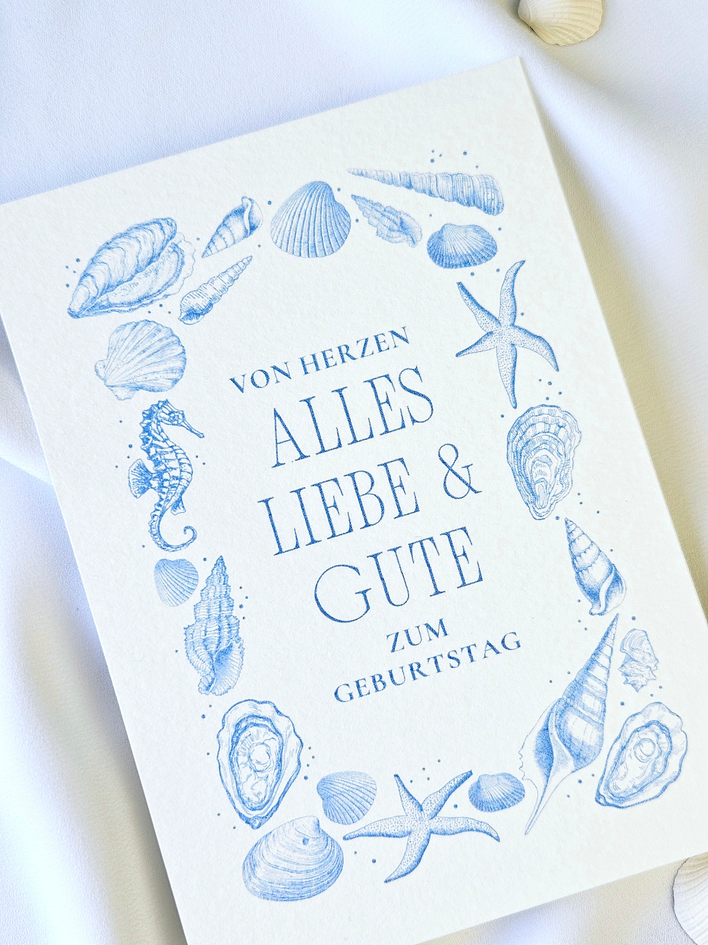 Maritime Geburtstagskarte mit Muschel Illustrationen