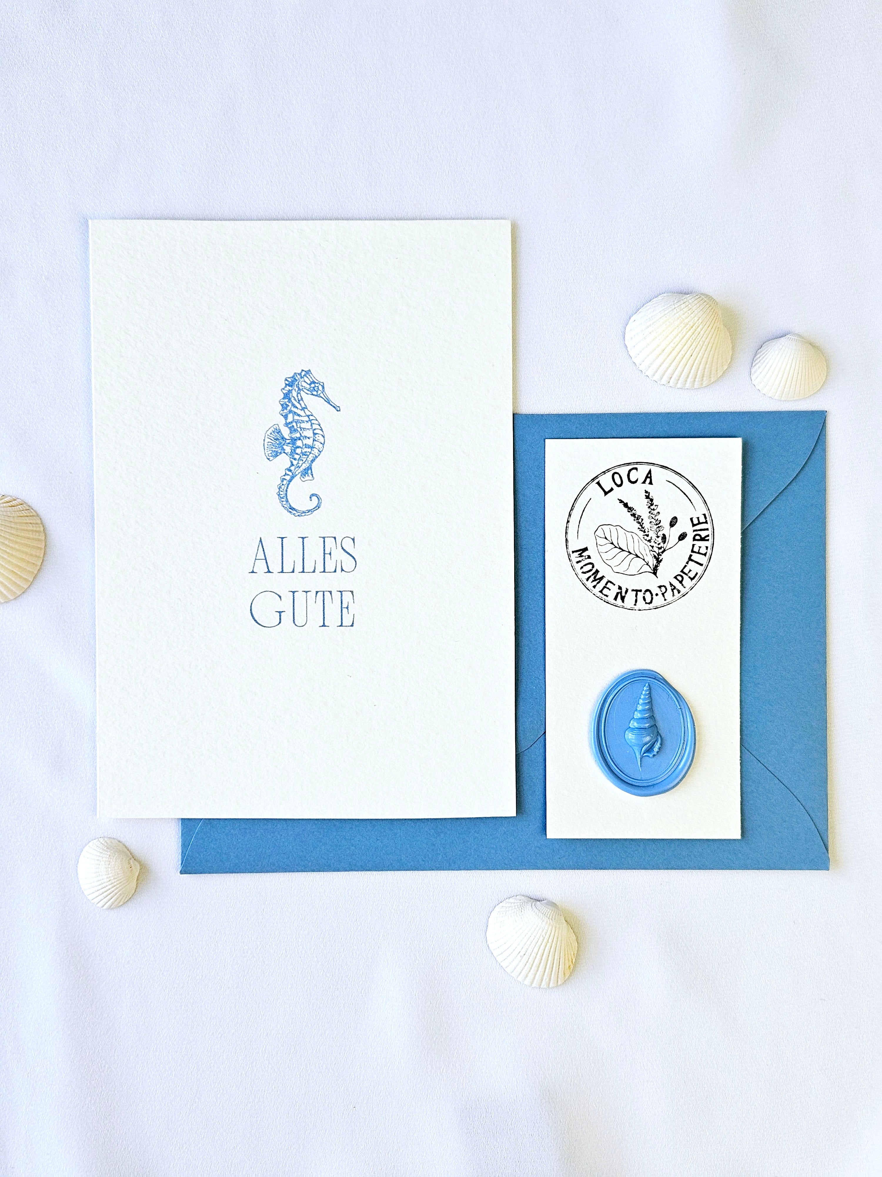 Geburtstagskarte "Alles Gute" mit Seepferdchen Illustration