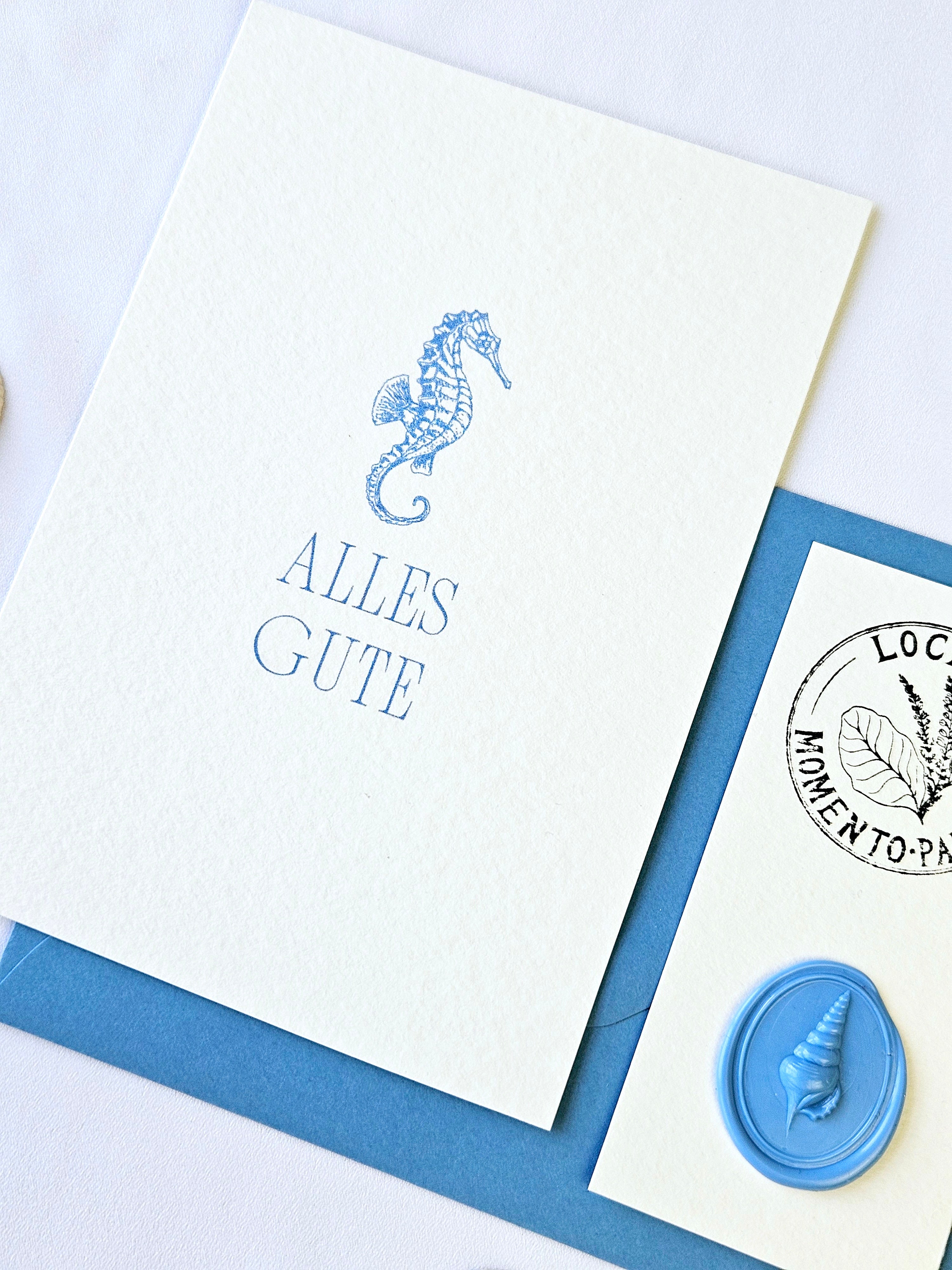 Geburtstagskarte "Alles Gute" mit Seepferdchen Illustration