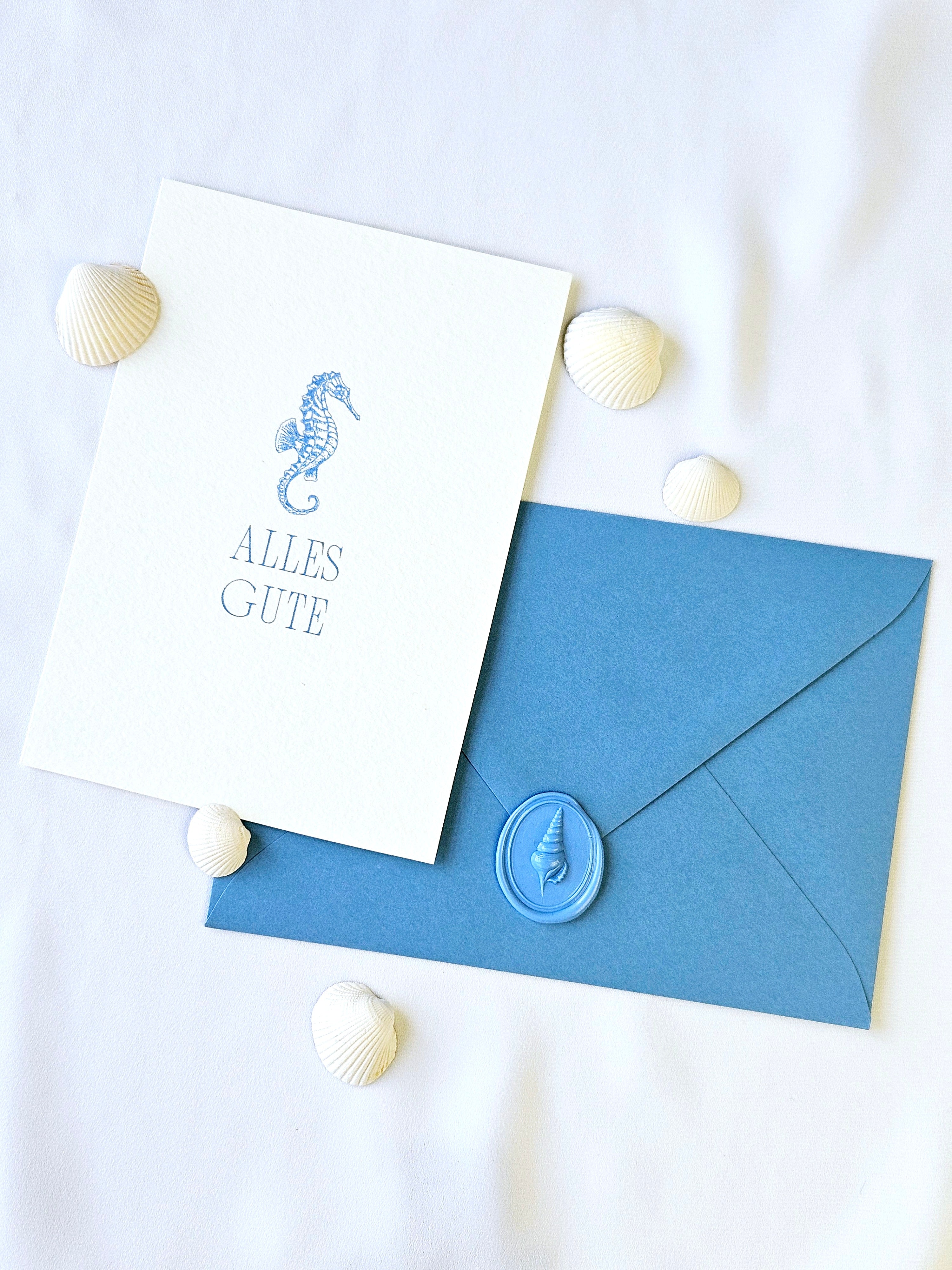 Geburtstagskarte "Alles Gute" mit Seepferdchen Illustration