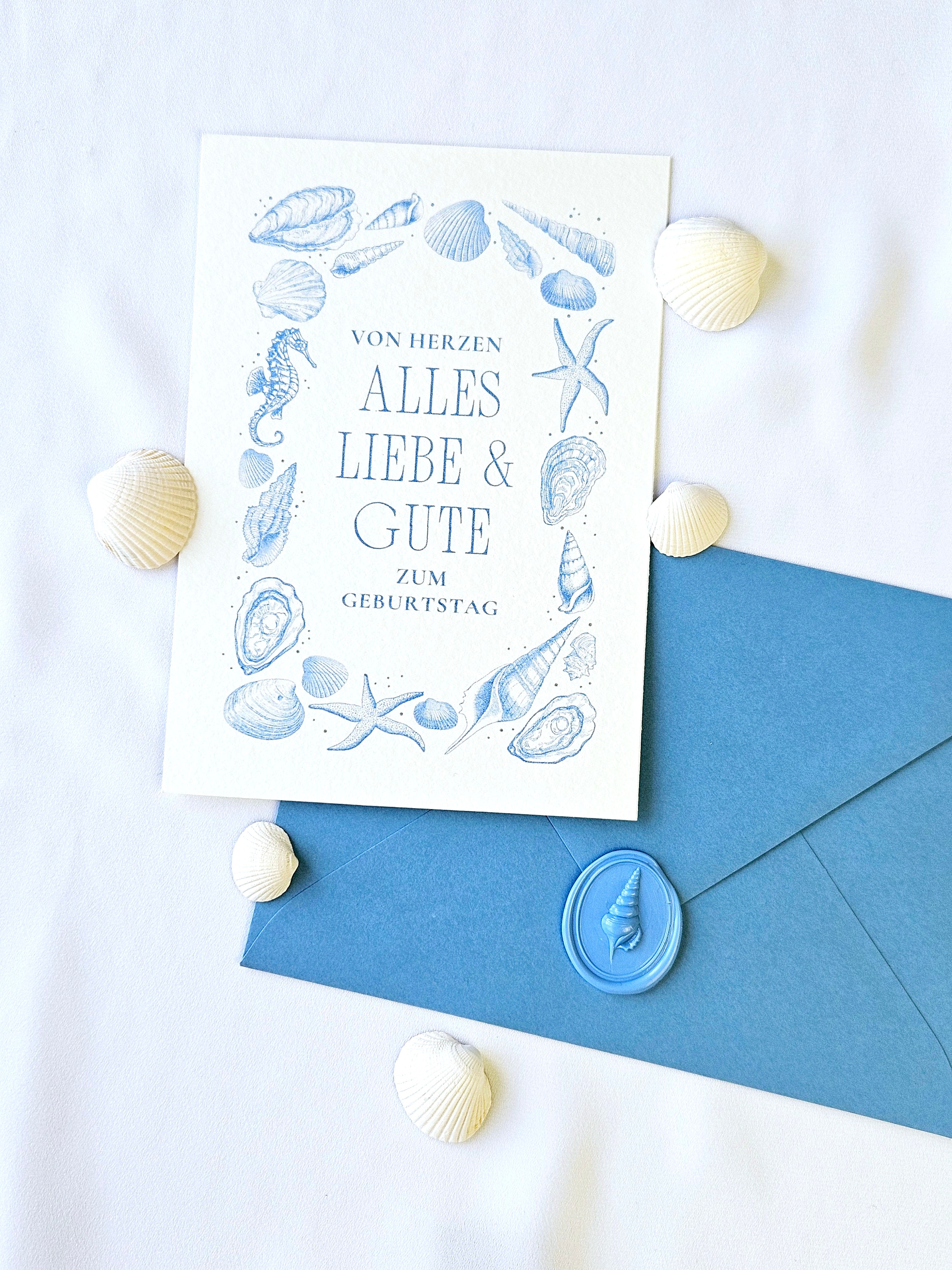 Maritime Geburtstagskarte mit Muschel Illustrationen